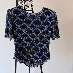 Laurence Kazar Black and Blue Beaded Blouse